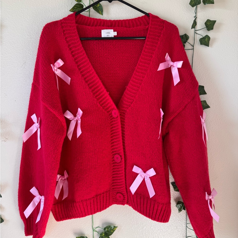 “Luna Ivy” Red + Pink bows Button Down Sweater